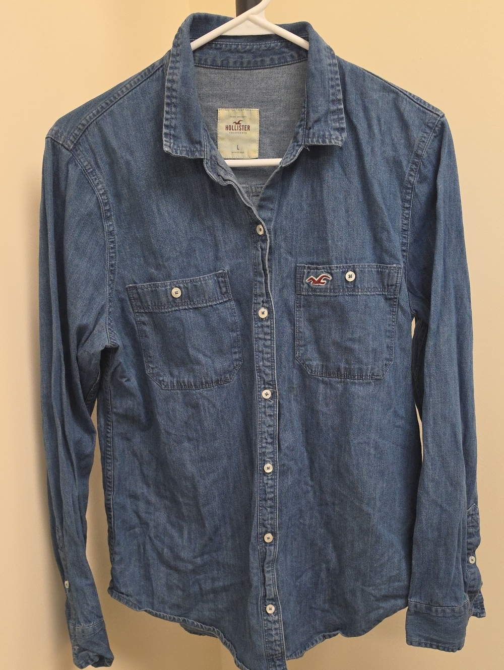 Hollister Washed Denim Button-Down Shirt - Blue, Size Large